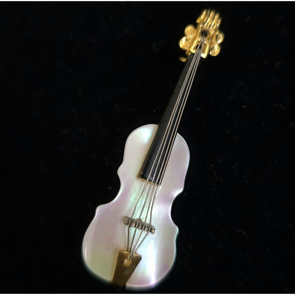 Vintage Violin Brooch Pin Mother of Pearl MOP Inlay Handcrafted Figural 2 inch